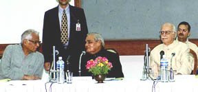 Prime Minister Atal Behari Vajpayee with Defence Minister George Fernandes and Home Minister L. K. Advani at the unified headquarters meeting