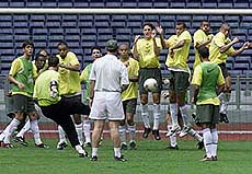 Brazilian players practice free kicks during a training session at Bukit Jalik Stadium in Kuala Lumpur on Thursday. 
