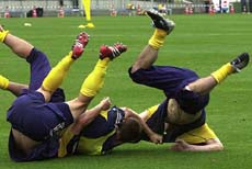 Venezia midfielder Daniel Andersson intervenes as fracas breaks out