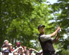 Golfer Tiger Woods watches his tee shot