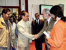 Lok Sabha Speaker Manohar Joshi being welcomed by Adam Szejnfeld