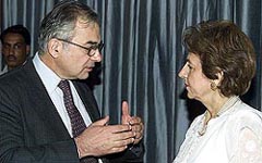 Pakistan's envoy to India Ashraf Jehangir Qazi talks with his wife Abida