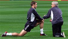 German forward Oliver Bierhoff trains with coach Rudi Voeller