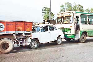 Three of the four vehicles that collided on the Panchkula-Chandigarh road on Saturday, disrupting traffic for an hour.