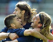 Argentina's Gabriel Batistuta Diego, Placente and Walter Samuel celebrate 