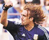 Argentina's Gabriel Batistuta celebrates after scoring against Nigeria