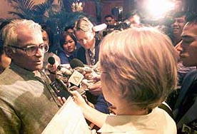 Defense Minister George Fernandes is interviewed by journalists