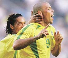 Brazil's Ronaldo celebrates his goal against Turkey 
