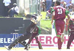 New Zealand's batsman Stephen Fleming loses his balance