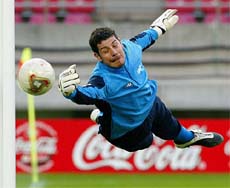 Italy's goalkeeper Francesco Toldo dives for a save during training