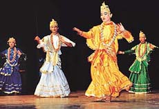 Artistes from the Bhano Kala Kendra, Kathmandu, present a traditional Nepali dance at Tagore Theatre on Sunday.