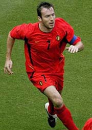 Belgium�s captain Marc Wilmots celebrates his goal against Tunisia