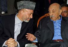 Former Afghan King Mohammad Zahir and interim leader Hamed Karzai speak after making statements