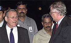 US Defense Secretary Donald Rumsfeld talks with US Ambassador to India