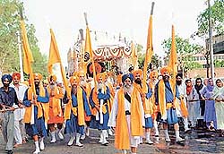A view of the nagar kirtan procession being taken out to observe the martyrdom day of Guru Arjan Dev in Chandigarh on Wednesday.