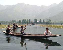 Young children of Shikarawalas in the Dal Lake row towards a free medical camp
