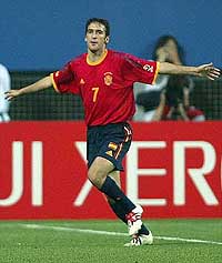 Spain�s Raul celebrates after his second goal 