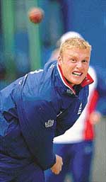 England bowler Andrew Flintoff practises in the nets 