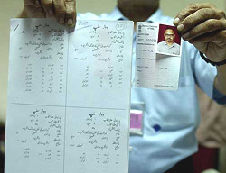 An Election Commission official shows the photo-identity card