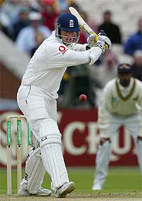 England opening batsman Marcus Trescothick plays the ball