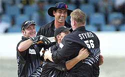 New Zealand's players celebrate after West Indies batsman Brian Lara was out