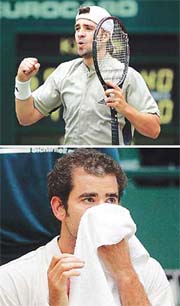 Germany's Nicolas Kiefer celebrates his victory against Pete Sampras