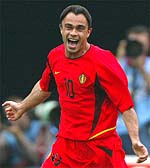 Belgium's Johan Walem celebrates after scoring against Russia