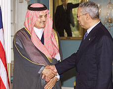 Saudi Foreign Minister Prince Saud al Faisal meets with US Secretary of State Colin Powell at the State Department in Washington 