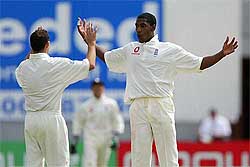 England bowler Alex Tudor celebrates taking the wicket of Sri Lanka's Mahela Jayawardene 
