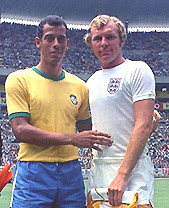 Former Brazil captain Carlos Alberto (left) and former England captain Booby Moore, prior to their World Cup match in the Jalisco Stadium in Mexico on June 7, 1970, the last time the two countries met in the World Cup.