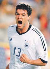 Germany's Michael Ballack celebrates his 39th minute goal on Friday at the Munsu Football Stadium in Ulsan, during quarter-final action between Germany and USA in the World Cup.