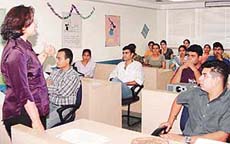 Ms Inder conducts a workshop on �Careers in call centres� in British Library, Chandigarh, on Saturday. 