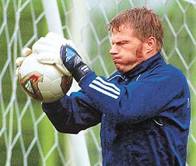 Germany goalkeeper Oliver Kahn catches a ball during training in Sogwipo