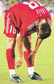 Turkey's Ergun Penbe reacts during their World Cup semifinal match against Brazil in Saitama on Wednesday.