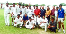 The ONGC team, which won the DDCA Hot Weather Cricket Tournament, with DDCA vice-president C K Khanna and joint secretary Sunil Khanna.