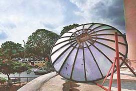 A dish antenna installed on top of Kiran Theatre in Chandigarh for the live telecast of the football World Cup final. 
