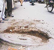 A manhole in Ghas Mandi area, Ludhiana, poses a problem