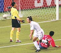 Turkey�s Ilhan Mansiz celebrates after he scored Turkey�s second goal 