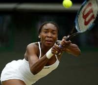 Venus Williams of the USA returns ball to Lisa Raymond