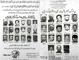 A local Urdu-language Pakistani newspaper shows photographs of Osama bin Laden and 17 associates