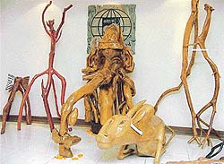 Driftwood art and sculpture by Manjul Sagar being displayed at IndusInd Bank Art Gallery, Sector 8, Chandigarh.