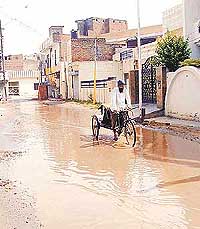 In the absence of a proper drainage system, a lane in the Harnam Nagar locality turns into a pond after showers 