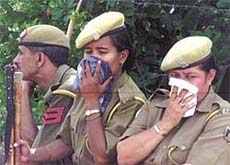 SMELL NO EVIL: Delhi cops at a BSP rally in the Capital on Sunday.