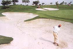 A golfer swings the ball out of a sand hurdle at Jaypee Greens.