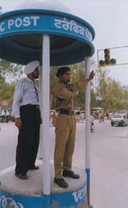 An NCC cadet controls the traffic at Bathinda on Sunday.