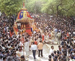 The Jagannath Rath Yatra at Hauz Khas in New Delhi on Friday