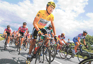 Once team rider Igor Gonzalez Galdeano of Spain wears the yellow jersey as he leads the pack during the 195 km fifth stage of the 89th Tour de France cycling race from Soissons to Rouen on Thursday.
