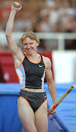 Svetlana Feofanova of Russia reacts after winning the pole vault event at the DN-Galan athletics gala in Stockholm, Sweden on Tuesday.