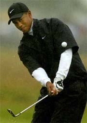 World number one Tiger Woods of the USA plays a chip shot 