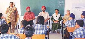 Dr Ramneek Sharma speaks during an AIDS awareness camp held at St Peter�s School, Sector 37, Chandigarh